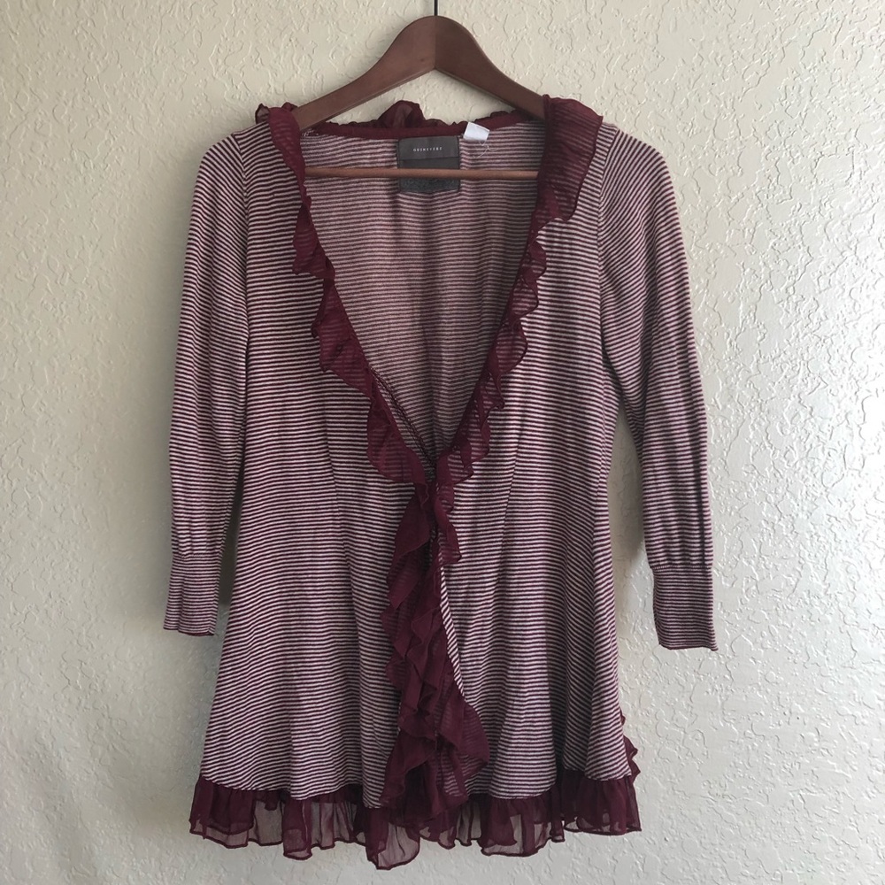 Guinevere striped open front cardigan red ruffle